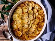 Lancashire hotpot on wooden background