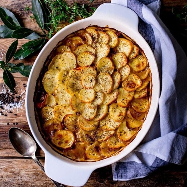 Lancashire hotpot on wooden background