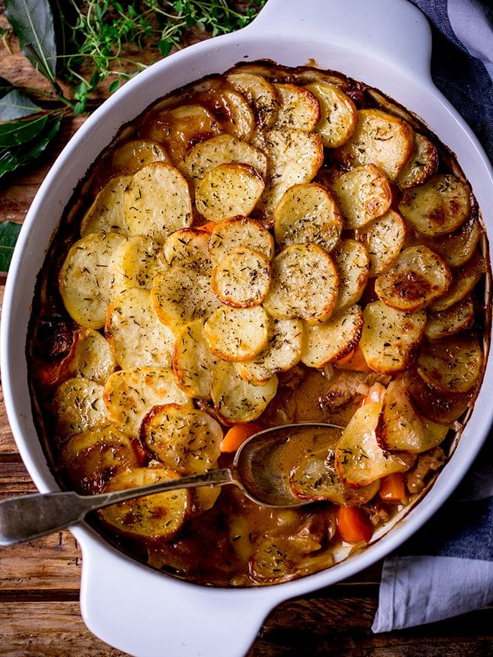 Overhead of Lancashire hotpot with spoon