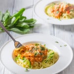 Salmon in a creamy red pepper and tomato sauce with a mix of regular and courgette spaghetti - Ready in 20 mins.