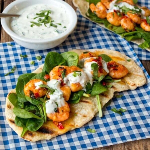 Speedy Flatbreads with Garlic Chilli Shrimp and Greek Yogurt Dip - ready in 30 mins - including making the flatbreads from scratch.