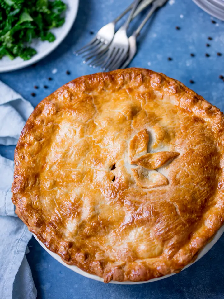 Overhead image of steak and potato pie