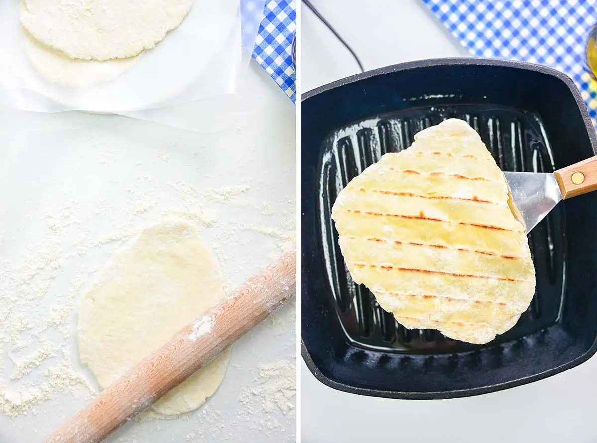 Two image collage showing how to roll out and cook homemade flatbreads