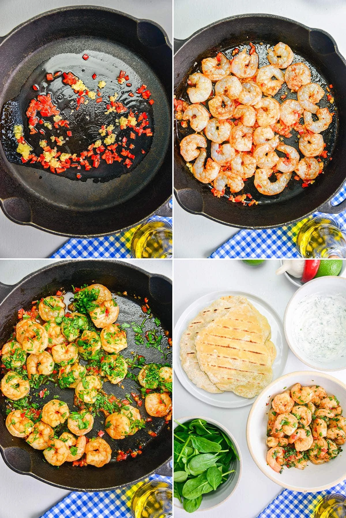 4 image collage showing how to make garlic chilli prawns to serve with flatbreads, spinach and yogurt dip