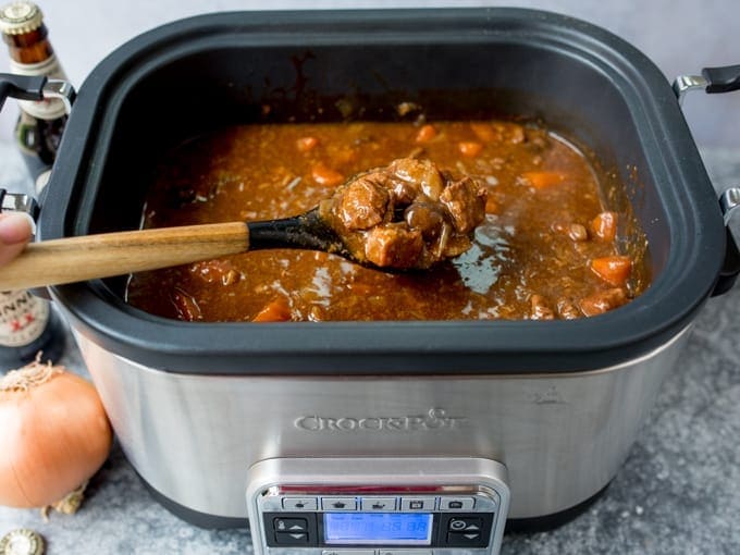 Crockpot filled with beef and Guinness stew