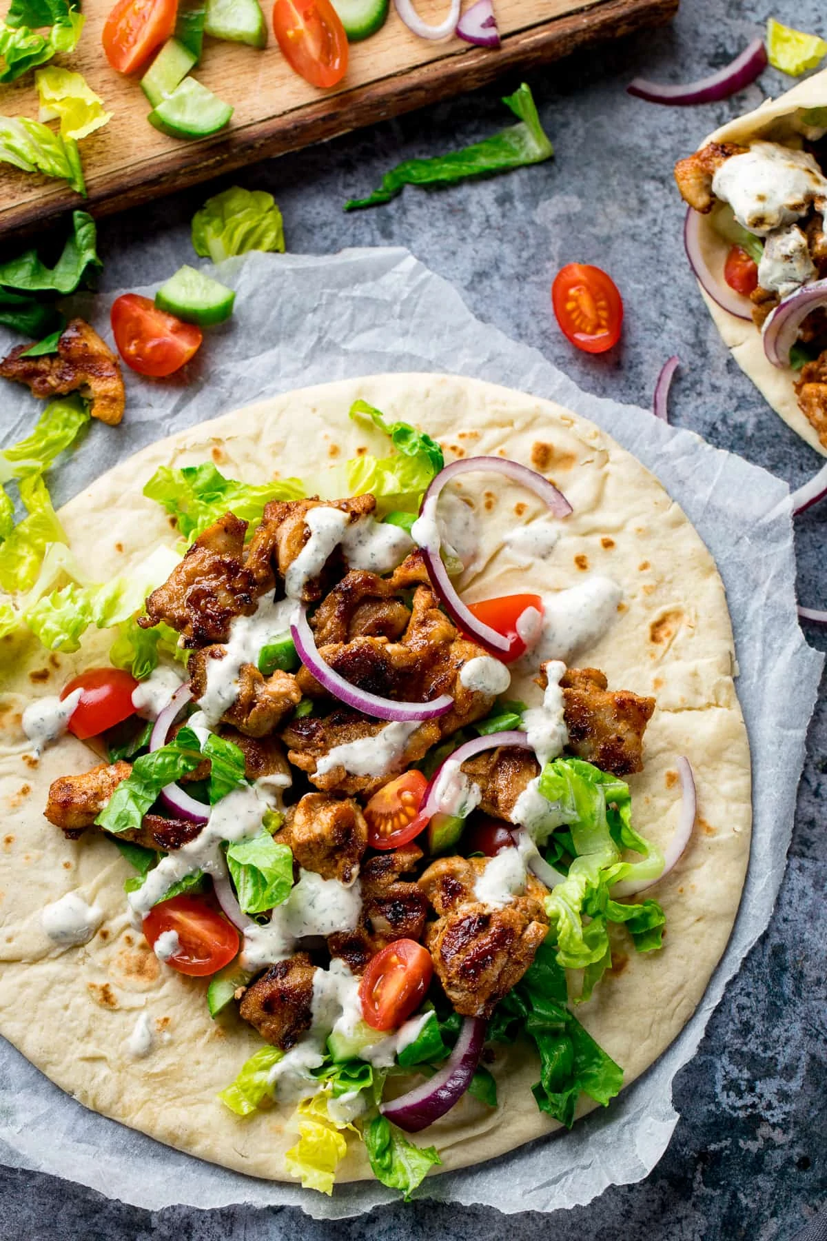 Chicken Shawarma laid out on a pita bread