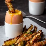 Crisp at the edges, soft in the middle, and covered with golden parmesan. These courgette fries make a great low-carb breakfast with a soft boiled egg.