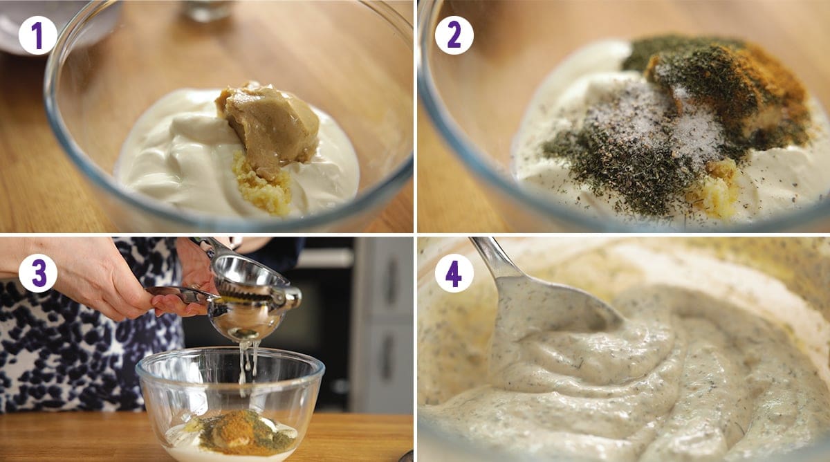 4 image collage showing how to make shawarma sauce