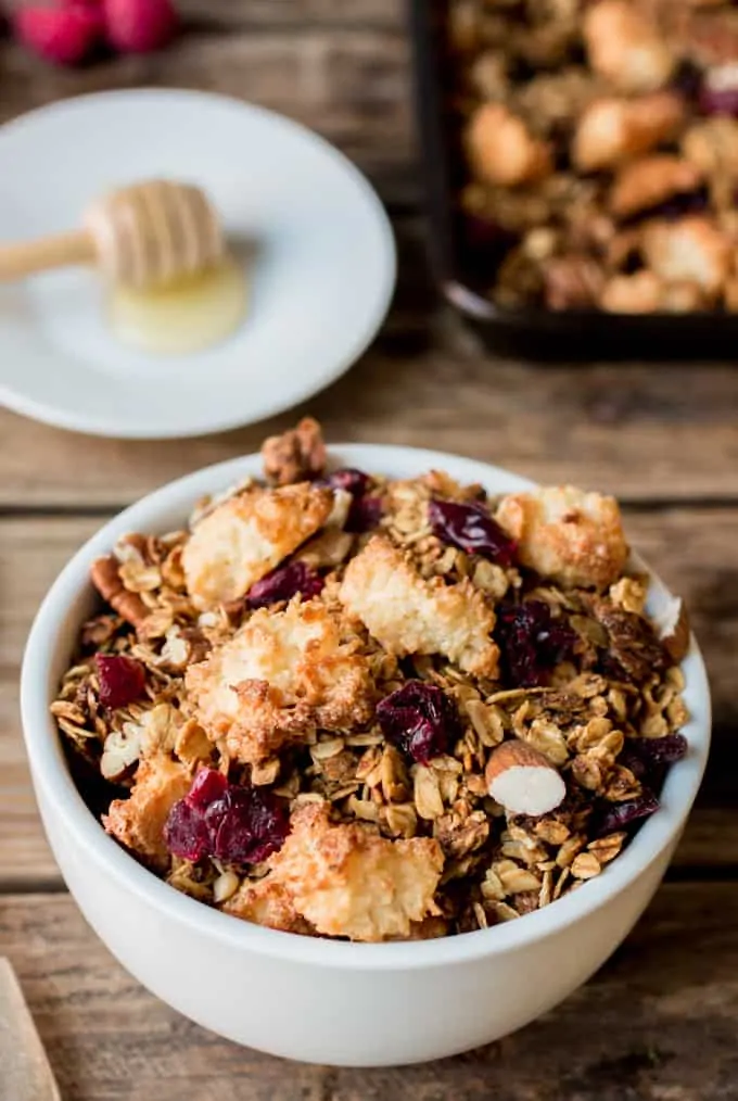 a white bowl full of Coconut Macaroon Granola