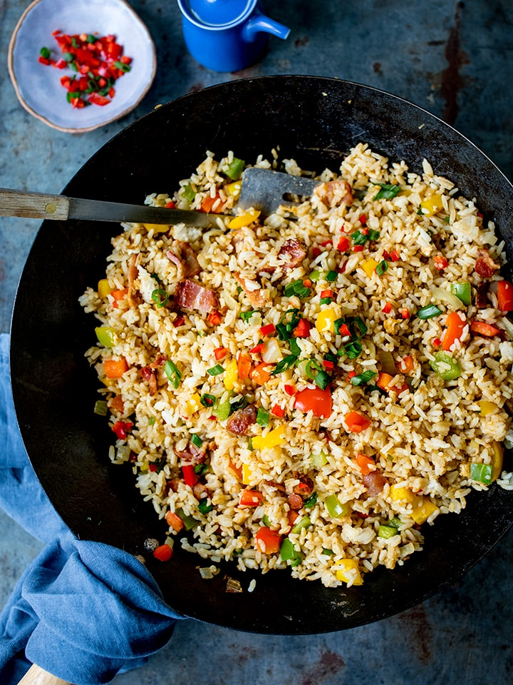 Overhead shot of fried rice in a wok