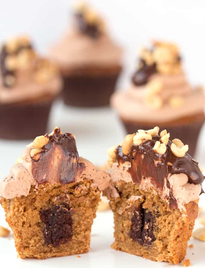 Gluten Free peanut banana cupcake with chocolate brownie baked inside. Gluten Intolerant or not, these will be loved by everyone.