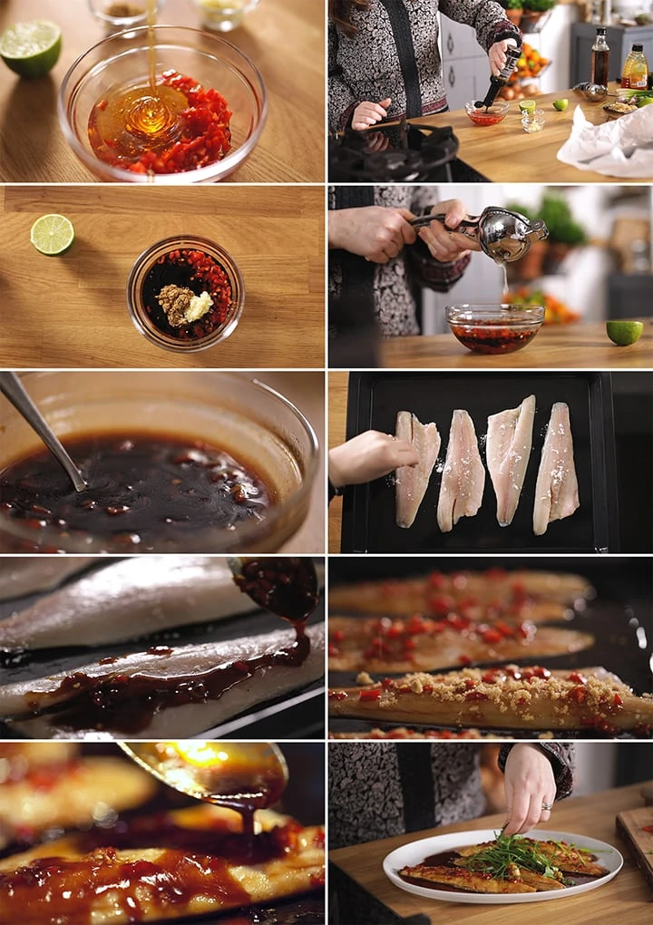 10 image collage showing how to make sticky Asian sea bass