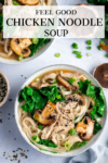 Bowl of chicken noodle soup with kale on a light background. Text overlay on the image