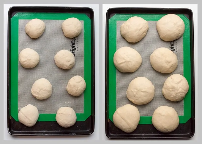 Brioche Dough in portions on a tray on the left and risen dough on a tray on the right