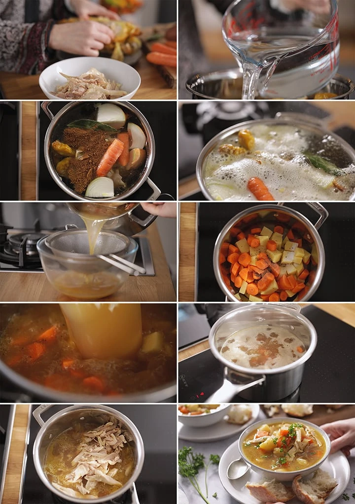 10 image collage showing how to make chicken and vegetable soup