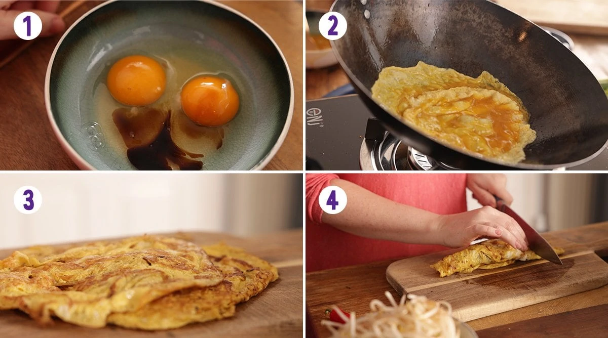 4 image collage showing how to make an omelette to top Mee Siam.