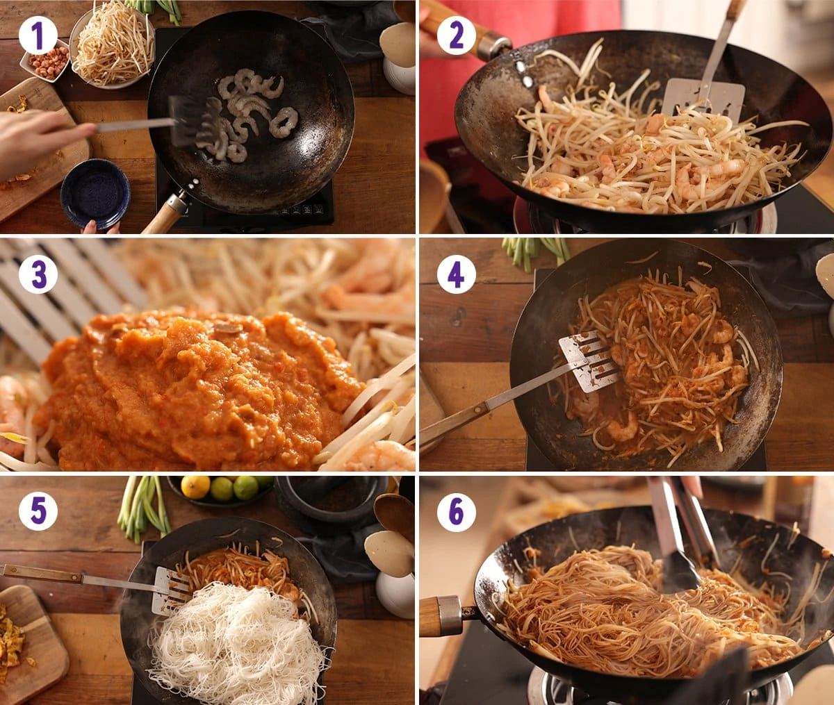 6 image collage showing the process for making Mee Siam