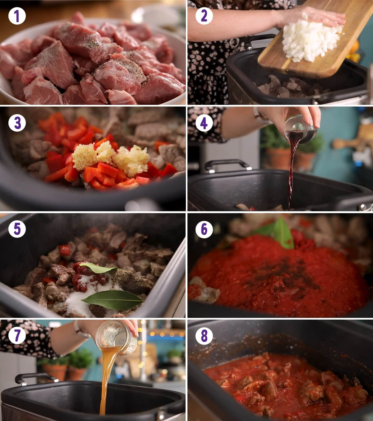8 image collage showing how to make slow cooked pork ragu