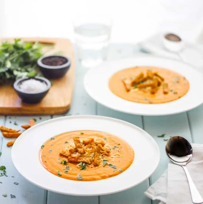 This lentil and red pepper soup with wholemeal pita crisps is so tasty and filling – but healthy too!