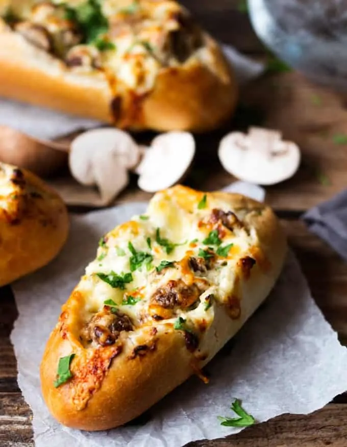 Delicious creamy garlic cheesiness stuffed into petit pains and baked until golden brown.