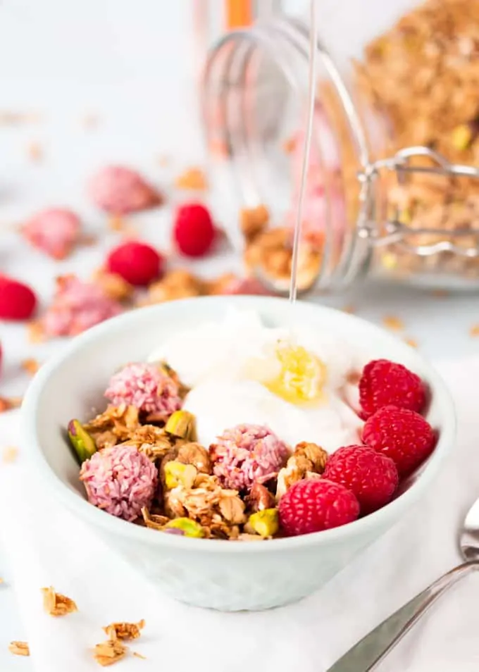 coconut granola topped fresh raspberry macaroons