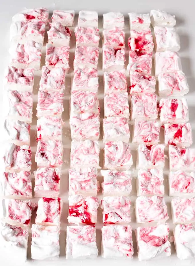 Light, fluffy vanilla marshmallows, swirled with homemade rhubarb paste.