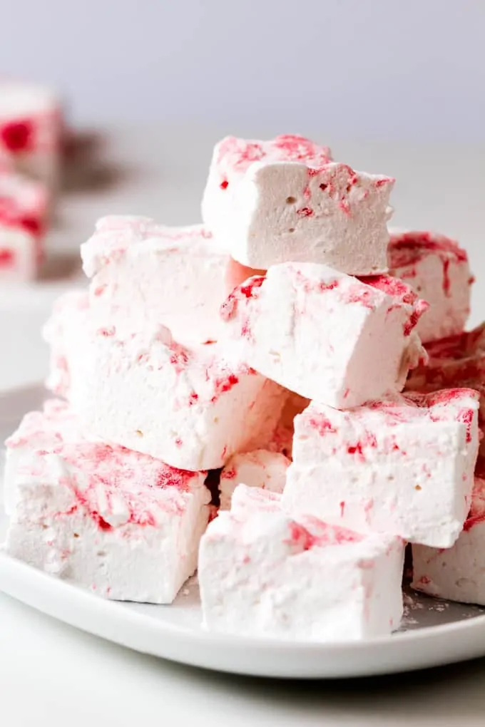 Light, fluffy vanilla marshmallows, swirled with homemade rhubarb paste.