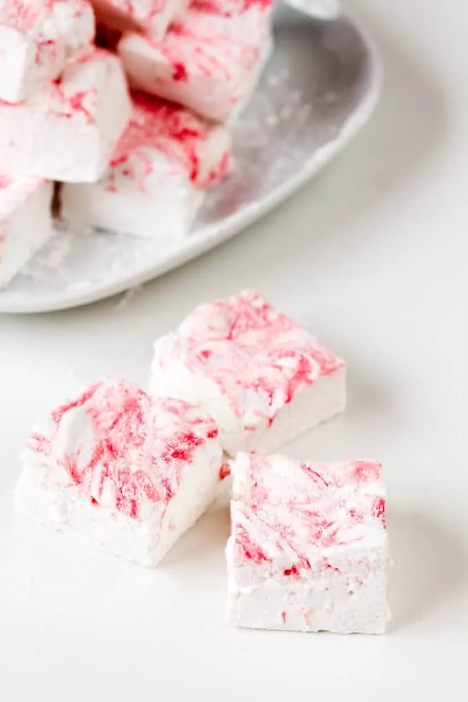 Light, fluffy vanilla marshmallows, swirled with homemade rhubarb paste.