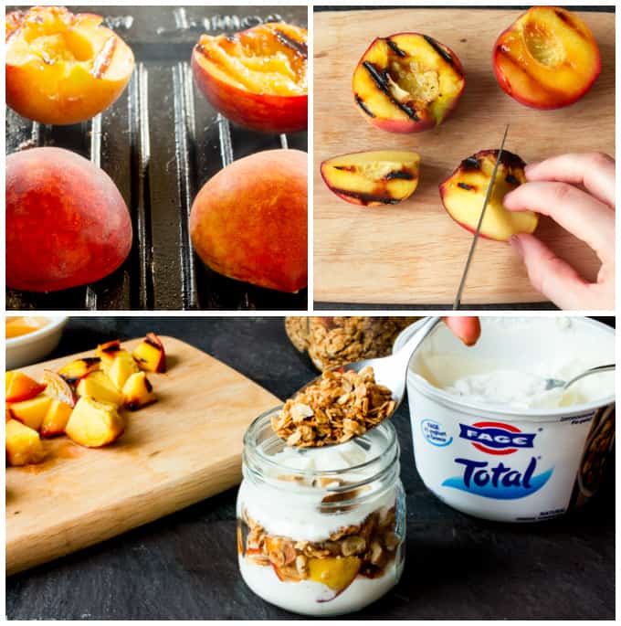 Crunchy homemade granola, layered with Greek yogurt, and caramelized peaches. Cook the peaches the night before on the residual heat from your BBQ, and you'll have the BEST breakfast the next day.