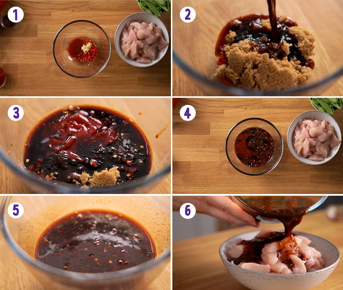 6 image collage showing how to marinade the chicken for firecracker chicken