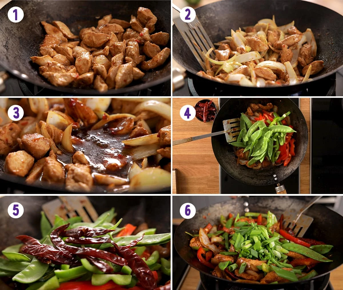 6 image collage showing final stages for making firecracker chicken stir fry