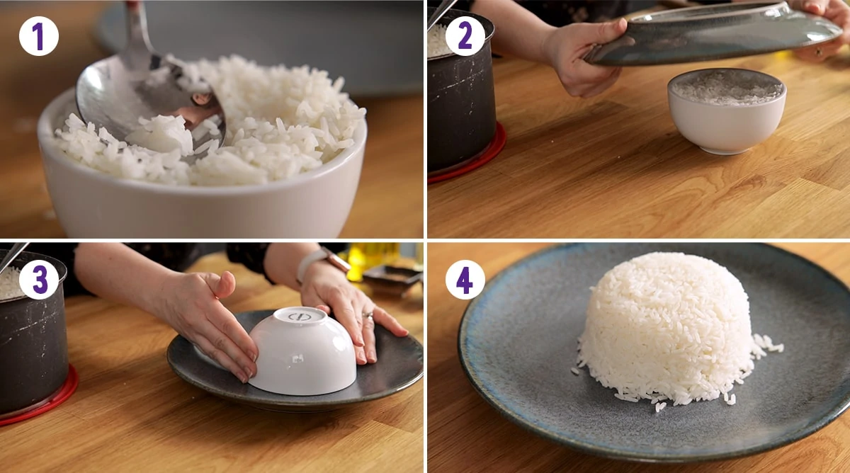 4 image collage showing how to make a mound of rice
