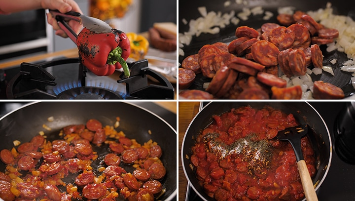 Collage of initial steps for making penne arrabiata - including charring peppers, frying chorizo and adding spices and tinned tomatoes to pan.