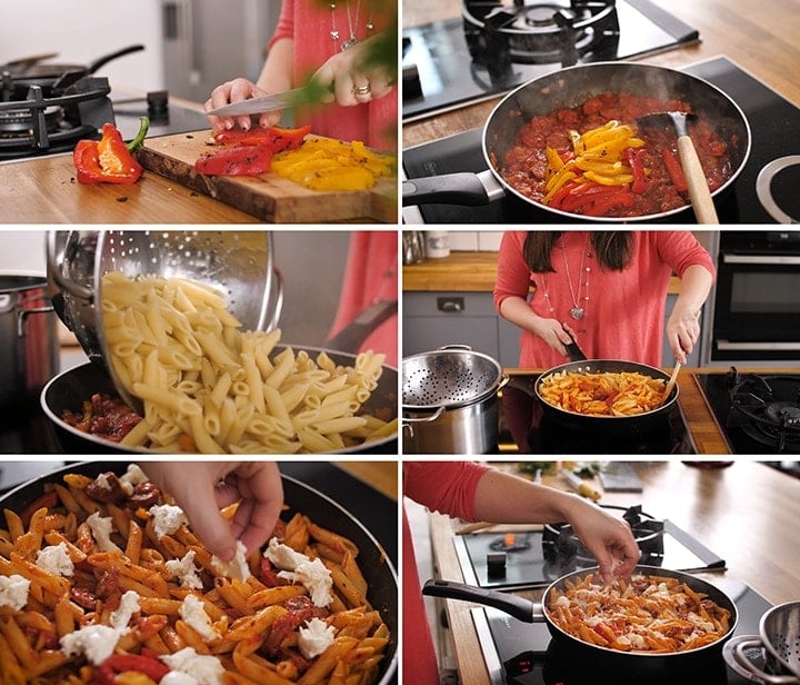 Collage of steps for making penne arrabiata - including adding sliced charred peppers, pasta and mozzarella to a pan.