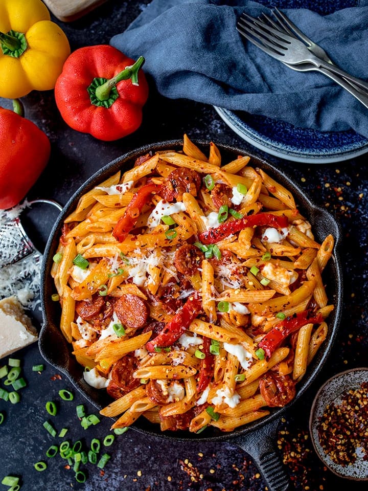 Penne Arrabiata with Mozzarella and Chorizo   Video - 16