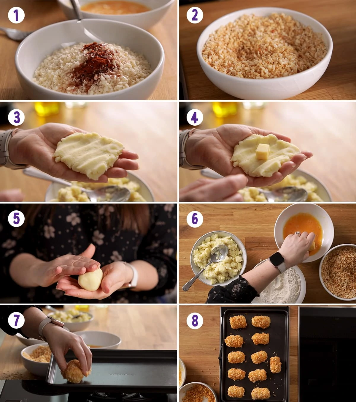 8 image collage showing how to make potato croquettes 