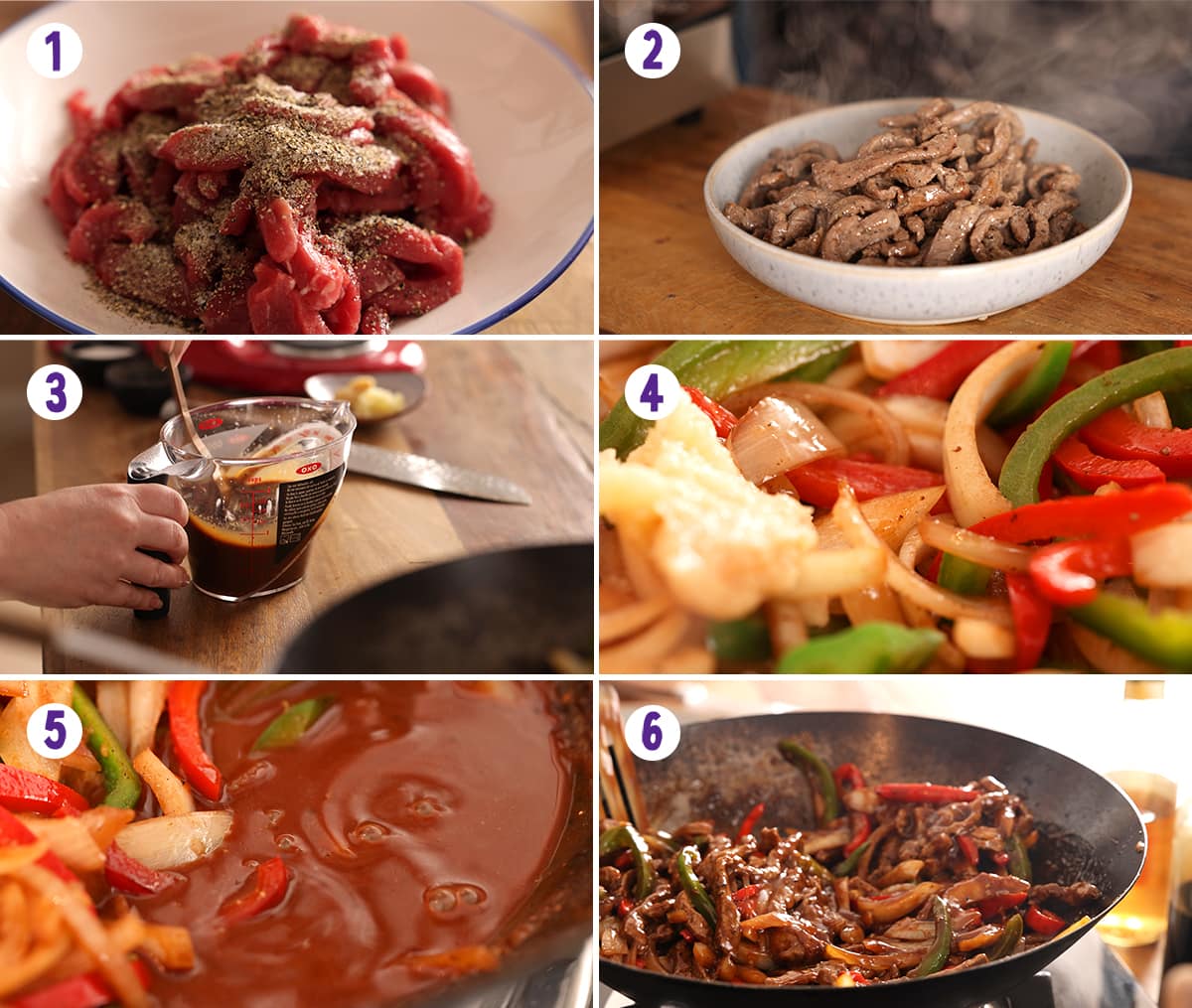6 image collage showing how to make black pepper beef stir fry.