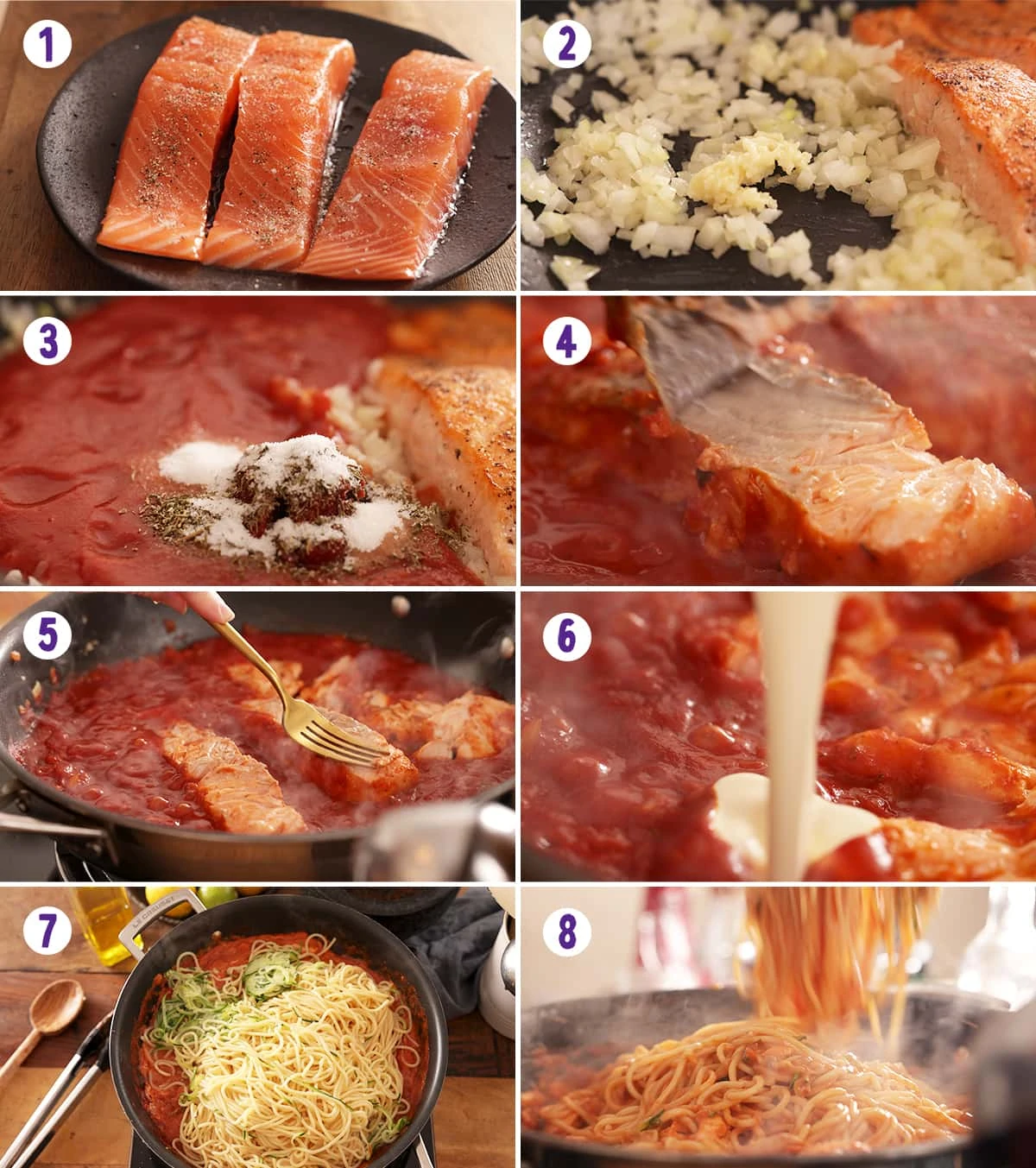 8 image collage showing how to make creamy tomato salmon and pasta.