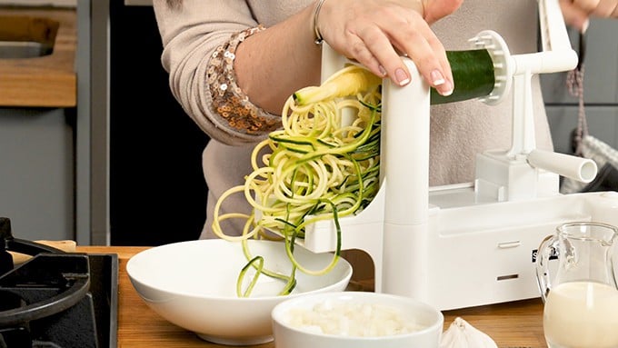 Courgetti (zoodles) being made using a spiralizer