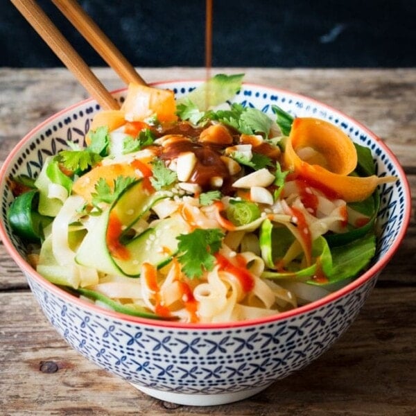 This simple noodle salad with spicy nut sauce makes a great meat-free lunch. Or serve it with Thai fishcakes for a delicious dinner.