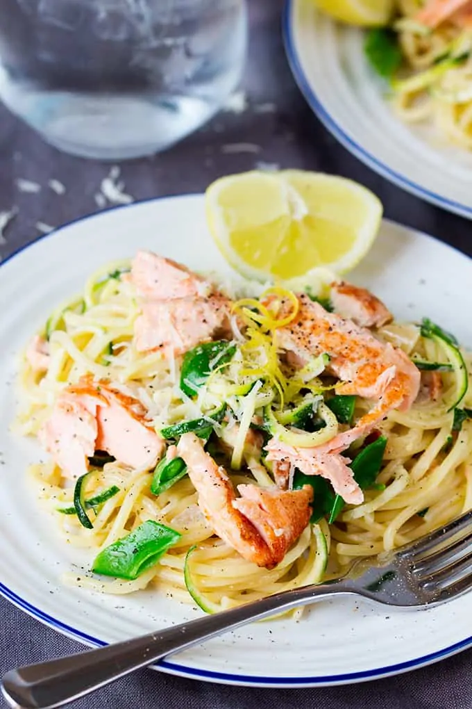 Salmon and spaghetti in a creamy lemon sauce with green veg - easy, healthy and really really tasty!