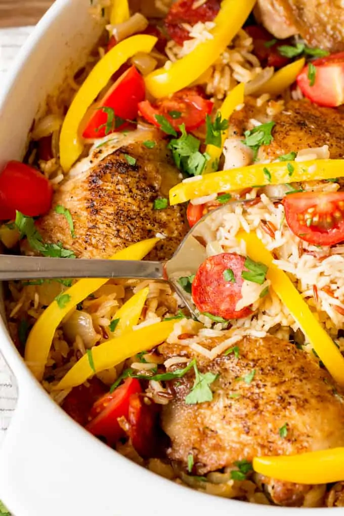 Spanish chicken one-pot with chorizo and peppers - let the oven do the hard work!