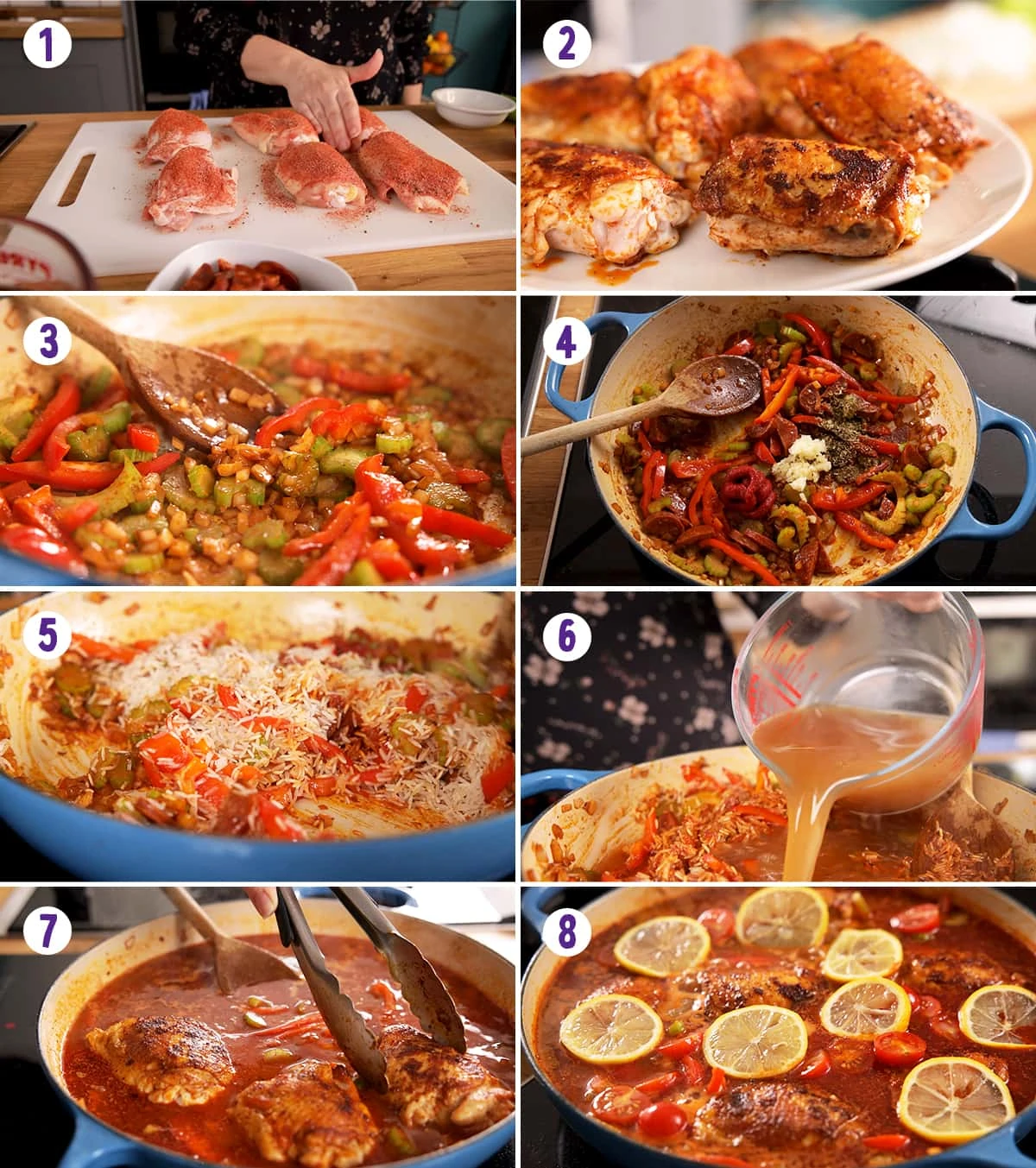 collage of 8 images showing the process of making one pot chicken and rice.