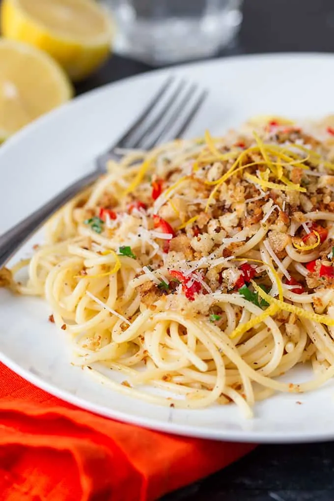 Garlic Bread Spaghetti - yes I really did make garlic bread crumbs from a shop-bought garlic bread, but it was delicious!