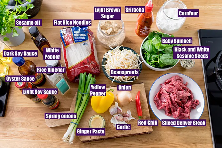 Ingredients for beef chow fun with labels