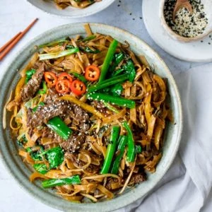 Overhead shot of bowl of Beef Chow Fun