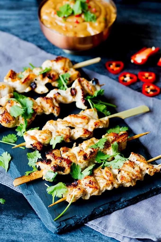 Deliciously moist, marinated chicken served with a spicy peanut and coconut sauce.