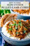 Slow cooked pulled lamb curry with rice in a blue bowl