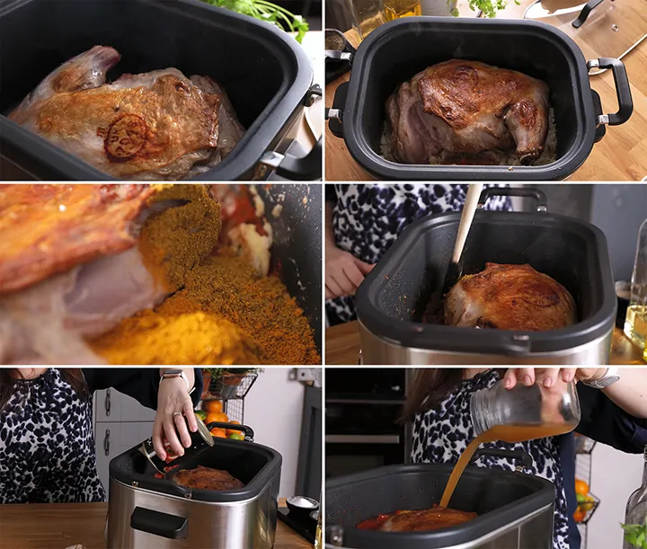 6 image collage of the initial steps to make slow cooker lamb curry