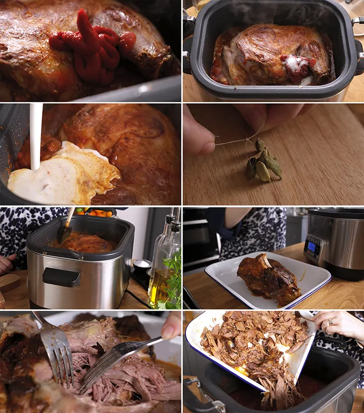 8 image collage showing how to make slow cooker lamb curry